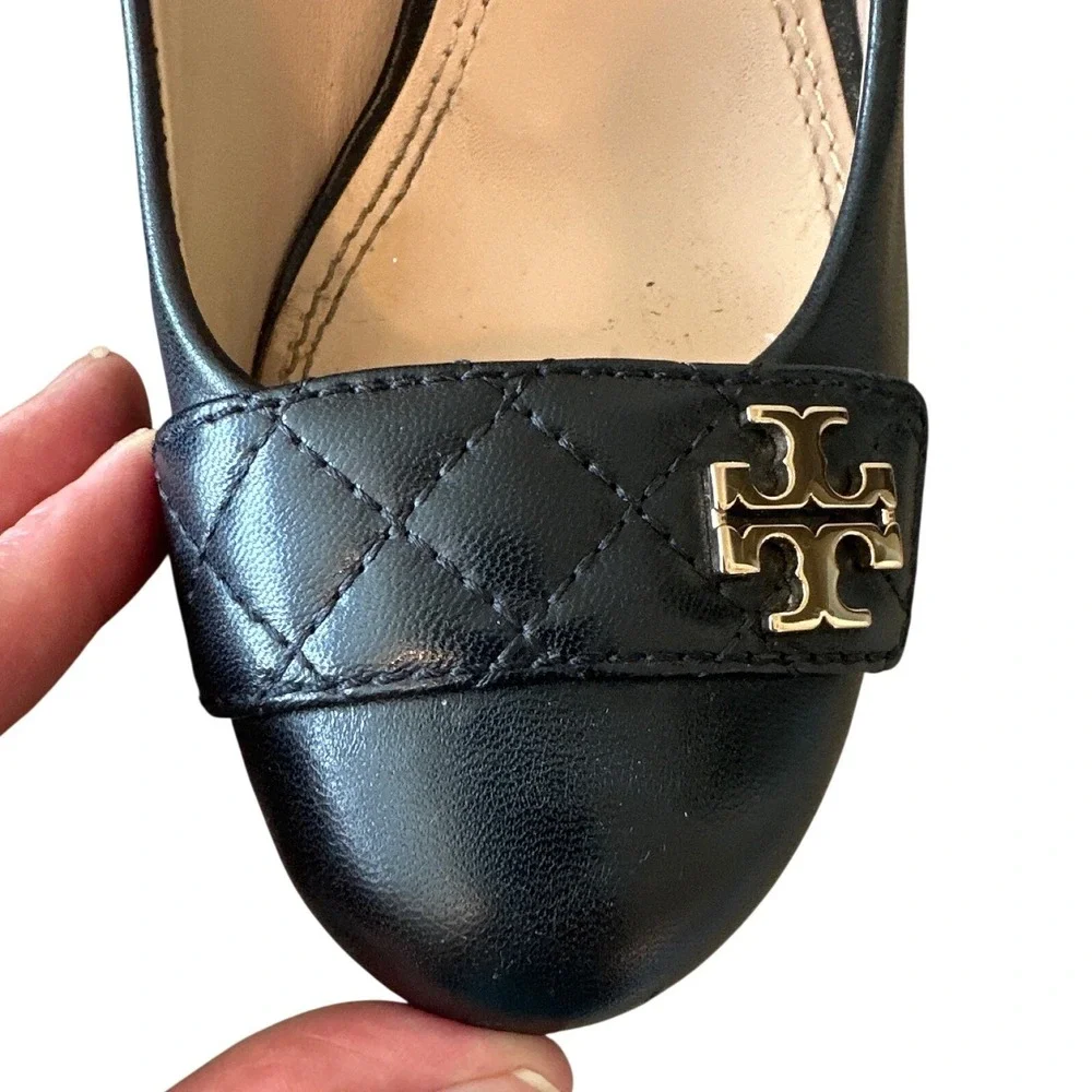 Tory Burch Marion Quilted Leather Wedge Pumps Black Gold Logo Size 8.5